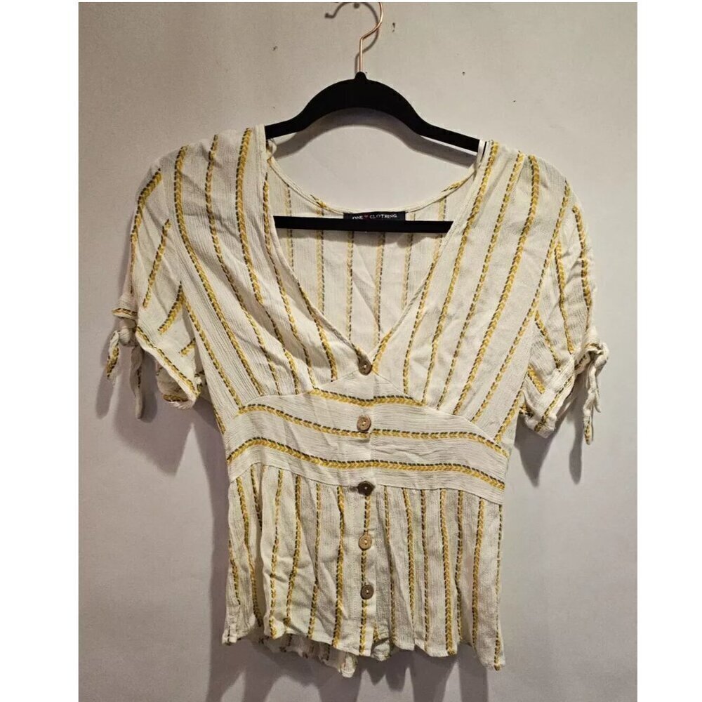 Brandy Melville White V-Neck Striped Rayon Top Women's Medium White